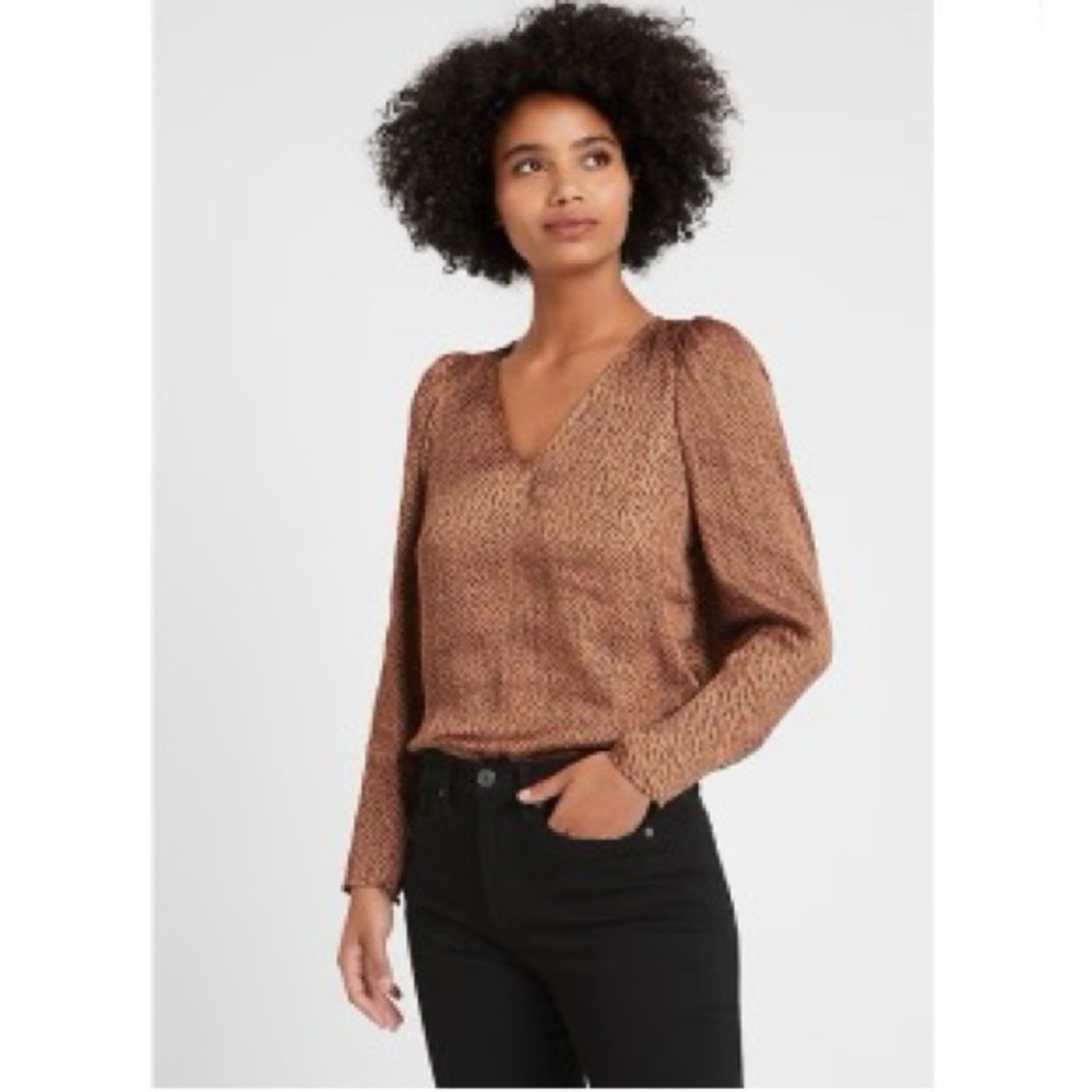 Banana Republic Soft Satin Puff Sleeve Animal Print Blouse Boho Brown Large